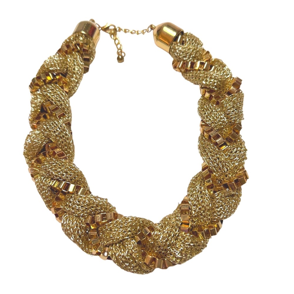 Braided Mesh Wide Statement Necklace Women OS Gold Tone Chunky Glam Mob Wife